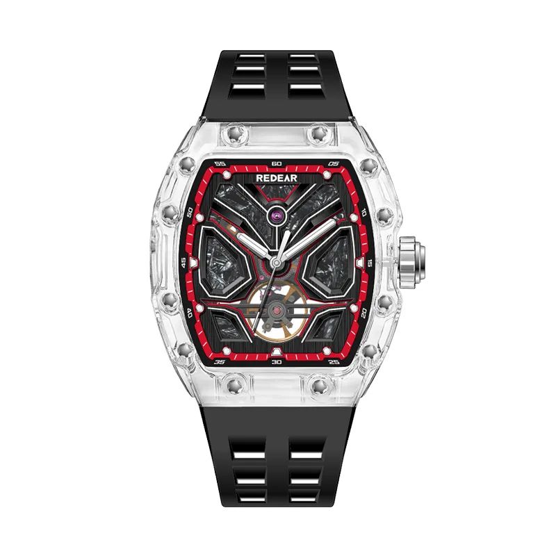 Men's Tonneau-Shaped Crystal Skeleton Mechanical Watch Carbon Fiber Dial