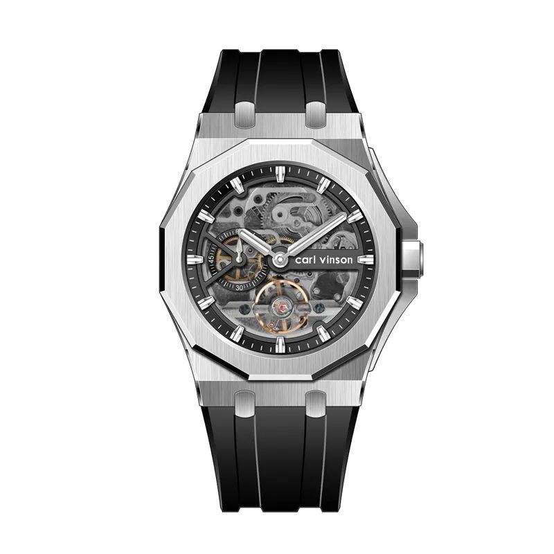 Stainless Steel Mechanical Watch with Double Hollow Dial