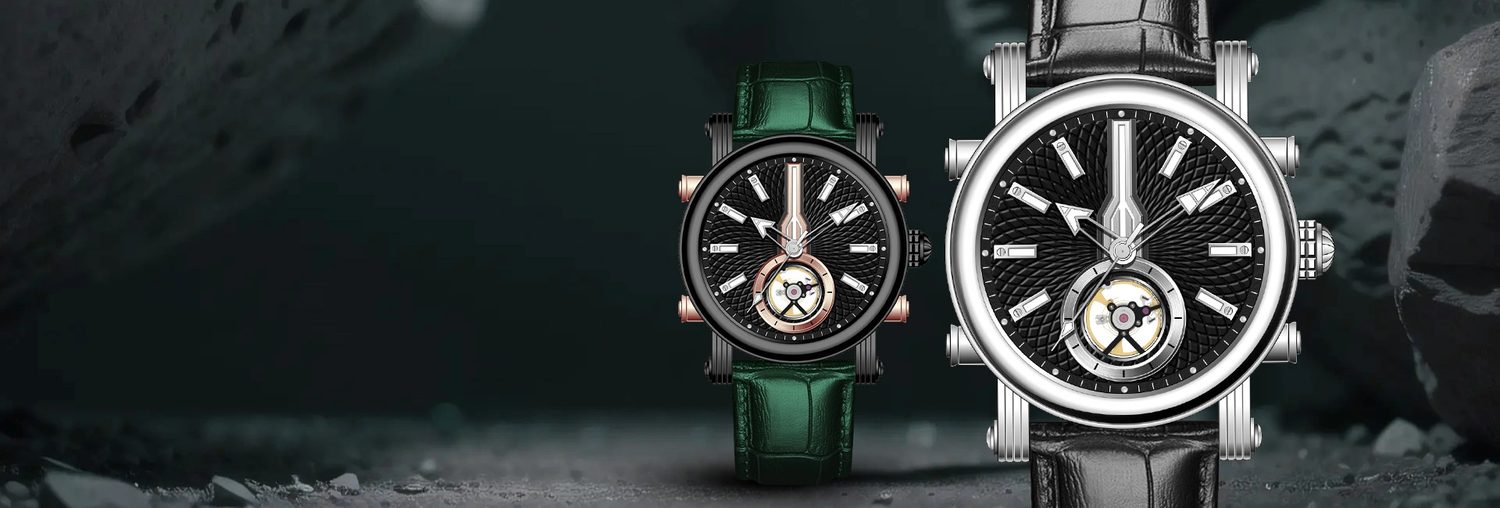An automatic movement shown with its parts separated, from the movement category page.